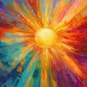 Design a thumbnail featuring a radiant sun with luminous beams e...