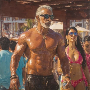 Photo hyperrealism,painting,a muscular beefy sweaty mature crimi...