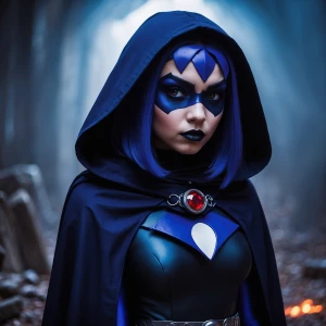 A 20-year-old girl cosplaying as Raven from Teen Titans, complet...