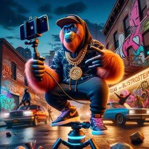 Vibrant urban street corner at dusk. An anthropomorphic oranguta...