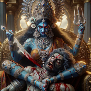 portrait of angry looking goddess kali, blue skinned, sitting on a gold crown and carrying a weak mahishasur on her lap and stabbing him with her amazing red finger nails. She is wearing diamond armor, a huge diamond crown, red saree, abundant diamond jewelry, covered in blood. The scene is set in ancient India. The image is 8K resolution, cinematic, ultra detailed face and epic.