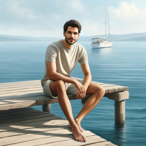 Realistic, oil painting Of a clean shaven man Sitting on a dock,...