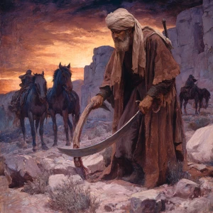 A solemn prophet figure, dressed in brown robes and turban, hold...