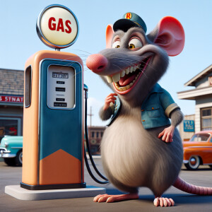 Rat fink as a 1950s gas attendant standing next to a gas pump