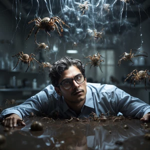 Depict a scientist lying on a laboratory floor, appearing overwh...