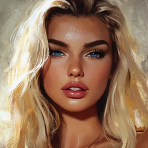 blonde with blue eyes, large oval plump elongated face, pumped u...