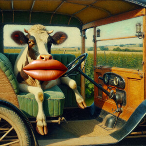 Oil painting of a cow with big lips sitting in the passenger sea...