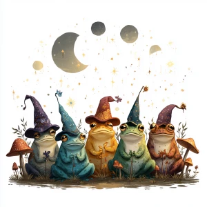 /imagine five wise cartoon frogs in wizard hats sitting under gl...