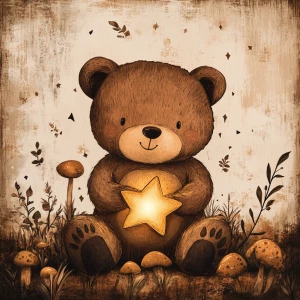 an adorable brown bear cub holds a glowing star, surrounded by t...