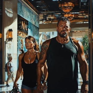 Realistic painting.A sweaty  man walking with his 54 year old mo...