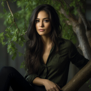 Capture the elegance of a fair-skinned woman with dark long hair...