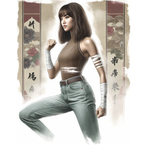 Athletic Thin skinny Attractive, Asian teenage girl, long brown hair and bangs, wearing tight skinny jeans and a halter top paint marks on her clothing, heroic pose Asian graffiti background, side view