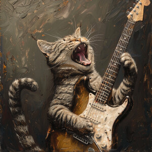 A grey tabby cat is depicted standing up, passionately playing t...
