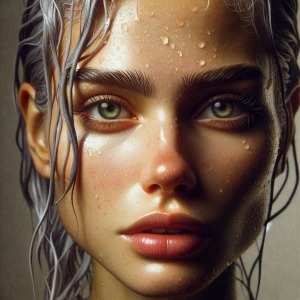 a striking close-up portrait of a caucasian woman, with wet silv...