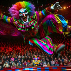 Scary clown scares everyone in the circus with his tricks