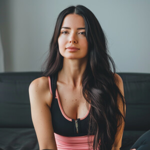 Fair-skinned woman with dark long hair, elegant and composed, si...