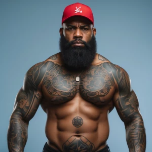 This image depicts an African-American shirtless, heavily tattoo...
