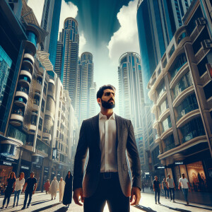 A man standing in a bustling city street during daytime, surroun...