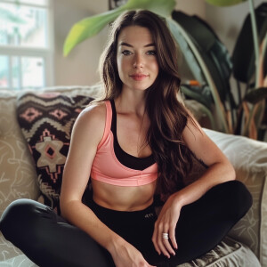 Fair-skinned woman with dark long hair, elegant and composed, si...