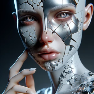 a beautiful humanoid female,  close up of a broken android, digi...