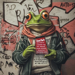 "A Grand Theft Auto-style illustration of a humanoid green frog...