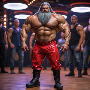 Make a man bodybuilder with long gray hair and short beard have...
