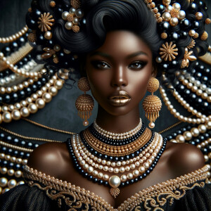 Imagine a digital portrait of a light skinned African-American Latino regal woman named KAREN Her attire and accessories are exclusively adorned with black and gold pearls. They grace her voluminous hair, styled in an elegant updo, where the black pearls form the roots and the gold pearls create the stunning curls. Her ears boast chandelier earrings, with black pearls clustered at the top, transitioning to gold pearls that dangle with delicate grace. Around her neck, a tiered necklace cascades with strands of alternating black and gold pearls, reflecting a sophisticated contrast.

Her shoulders are draped with a luxurious off-shoulder gown, the fabric's weave incorporating intricate patterns formed by black and gold pearls. The gown's texture has a subtle sheen, suggesting a high-quality material with a pearlescent finish. As a centerpiece, a grand brooch sits at her collar, with a large gold pearl surrounded by an elaborate design of smaller black pearls.

The background of the portrait features an abstract composition of floating pearls, swirling in a dance of shadows and light, emphasizing the color theme of black and gold. The name "KAREN" is discreetly integrated into the lower right corner of the artwork, blending seamlessly with the design, as if it were a signature part of the jewelry ensemble. The overall effect is one of timeless elegance, a blend of modern design and classic beauty, all tied together by the luxurious palette of black and gold.