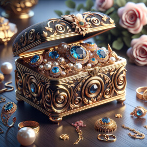 Create an image of an ornate jewelry box richly detailed with golden swirls and floral motifs, with no items on the top. Inside the box lies a collection of exquisite jewelry, each piece featuring vibrant blue gemstones set amongst pearls and golden accents. This treasure is placed on a dark wooden surface, subtly reflecting the luster of the gems. Around the box, there are loose gemstones, a golden flower, and soft pink roses in the blurred background, contributing to the elegant ambiance. The name 'Karen' is elegantly inscribed above the jewelry box, adding a personalized touch to the scene.