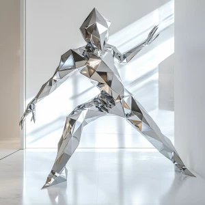 Create an image of a geometric alien creature composed of reflective chrome triangles and illuminated voids, striking a pose within a minimalist white art gallery, designed in the sleek, abstract aesthetic reminiscent of 3Steps' artwork.