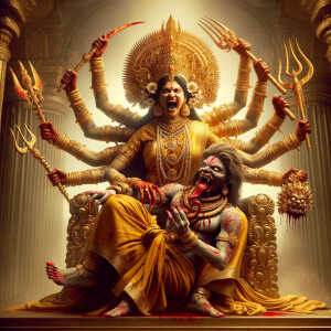 portrait of angry looking, four-armed indian goddess  sitting on a gold crown and carrying a weak mahishasur on her lap and poking his abdomen with her amazingly long red fingernails . She is wearing gold armor, a huge gold crown, gold saree, abundant  gold jewelry, covered in blood. The scene is set in ancient India. The image is 8K resolution, cinematic, photography, ultra detailed face and epic.