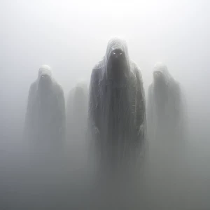 Create an image of ethereal, human-sized beings, slightly larger...