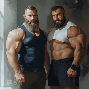 bodybuilder men stand side by side. Both have thick, full beards...