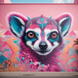 Design a mural with a pastel pink background, featuring a colorf...