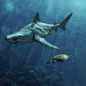 Hammerhead shark with a sea turtle shell and sea turtle fins. Ul...