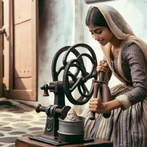 Woman hand cranking ice cream in an original ice cranking machin...