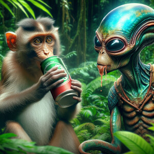 Realistic vivid natural photo of a monkey drinking beer with an...
