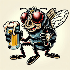 Cartoon fly drinking a beer in an old school tattoo style