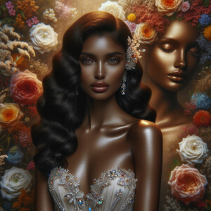 Visualize a stunning bride with a rich blend of african-American Latino heritage, her skin glowing with a soft, warm hue. Her elegant gown, a masterpiece of design, is intricately adorned with sparkling jewels that catch the light with every movement, creating a mesmerizing effect. Her long, wavy dark hair frames her face beautifully, enhancing her radiant beauty. Behind her, the backdrop is alive with an explosion of colorful flowers, each petal and leaf adding vibrancy to the scene. Amidst this floral abundance, the serene face of a brown Jesus is subtly integrated into the background, bestowing a sense of divine grace and tranquility to the composition. This image captures a moment of exquisite beauty, spiritual depth, and the celebration of love.