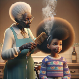 Create a realistic 3-D image of an african-American grandmother in the kitchen with her african-American granddaughter. The grandmother has a hot comb in her hair and she is straightening her granddaughters hair. One side of her granddaughters hair is in  a Afro the other is bone straight 
There is smoke coming from the hot comb