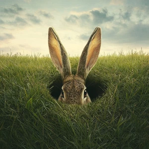 A grassy field with a rabbit hole and only the ears protruding o...