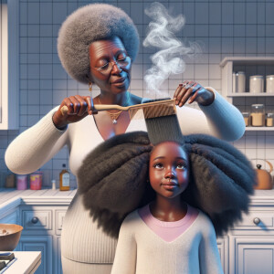 Create a realistic 3-D image of an african-American grandmother in the kitchen with her african-American granddaughter. The grandmother has a hot comb in her hair and she is straightening her granddaughters hair. One side of her granddaughters hair is in  a Afro the other is bone straight 
There is smoke coming from the hot comb