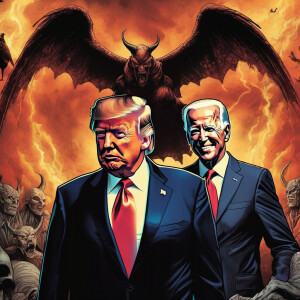 Donald Trump and Joe Biden meeting with Satan
