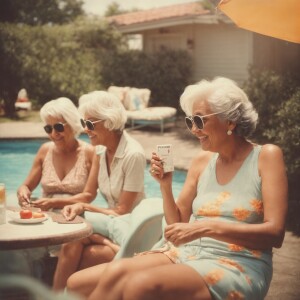Three wrinkled older ladies with grey hair wearing swimsuits, ba...