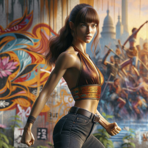 Athletic Thin skinny Attractive, Asian teenage girl, long brown hair and bangs, wearing tight skinny jeans and a halter top paint marks on her clothing, heroic pose Asian graffiti background, side view