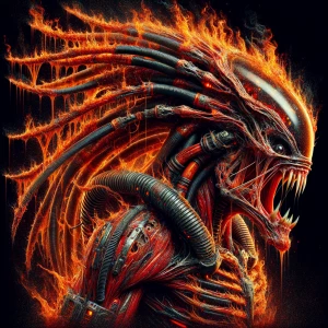 Double exposure horror fire entity, in the style of Yautja's (Hu...