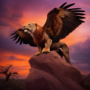 Create a realistic hybrid of a lion and an eagle, showcasing the...