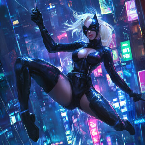 A dynamic scene of a platinum blonde woman in a sleek, black for...