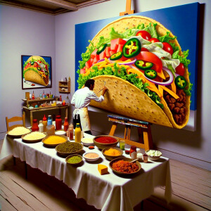 In an artist's studio, a large canvas stands on an easel, featur...