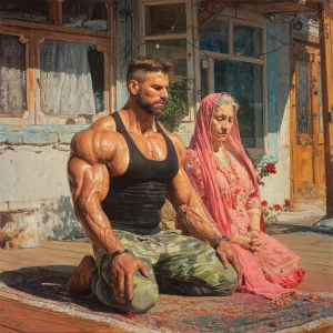 Hyperrealism,sharp painting,A man muscular beefy sweaty doinga y...