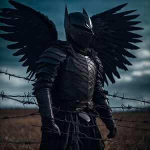 Dark knight with Black wings wrapped in barbed wire